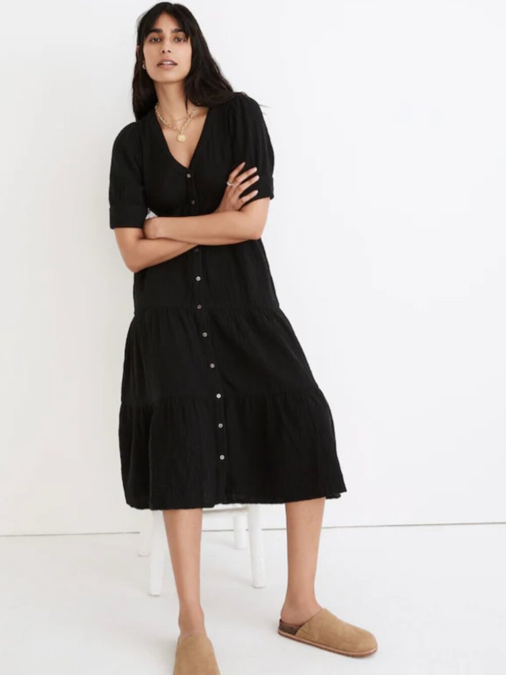 Madewell button- Front Tiered Midi Dress with pockets